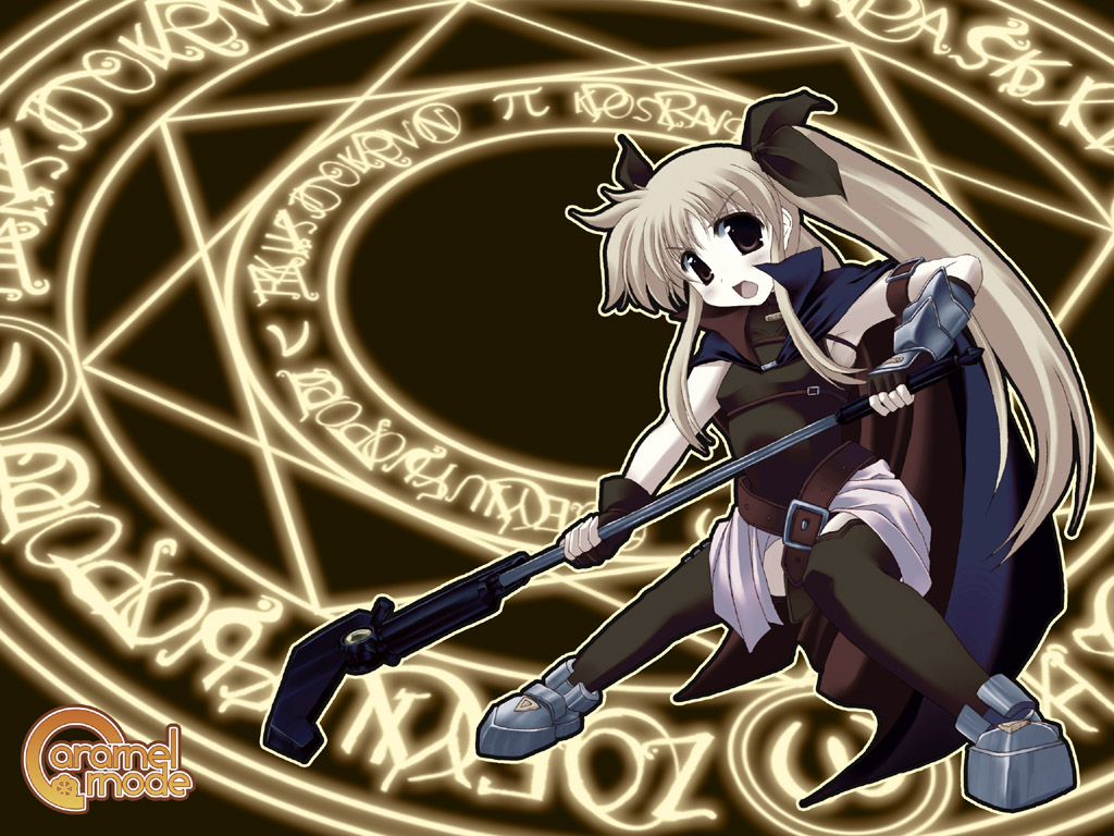 00s, 1girl, bardiche, fate_testarossa, kisaki_yuu, lyrical_nanoha, mahou_shoujo_lyrical_nanoha, solo, thigh-highs, wallpaper