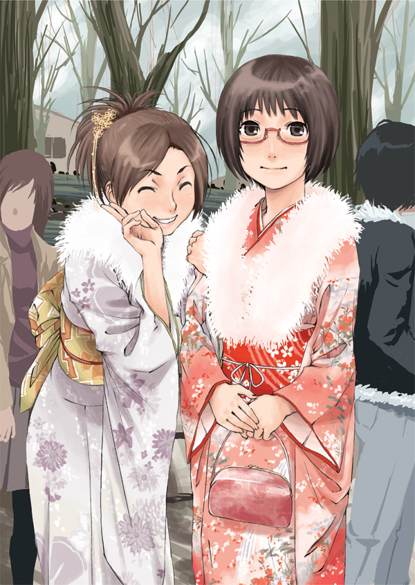 2girls, bag, brown_hair, glasses, handbag, japanese_clothes, kasuga_shun, kimono