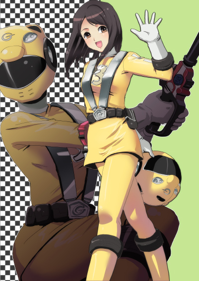 black_hair, bodysuit, boots, brown_eyes, brown_hair, checkered, checkered_background, checkers