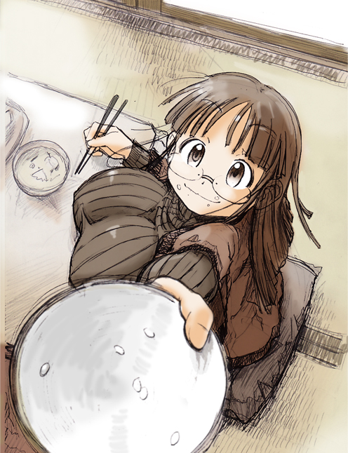 1girl, breasts, chopsticks, dinner, fat, food, food_on_face, from_above