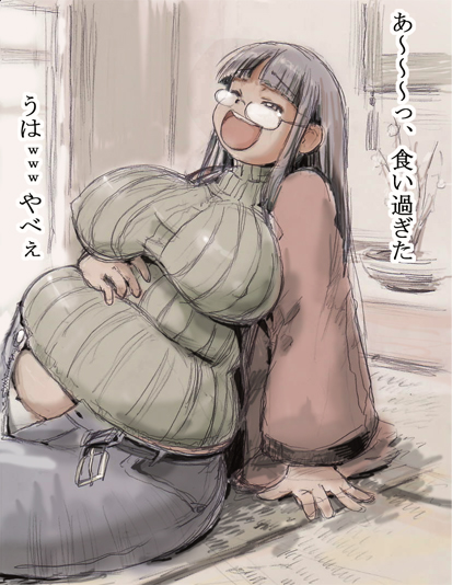 1girl, breasts, fat, glasses, huge_breasts, kobayakawa_horan, nekokami, open_mouth, open_pants, original, plump, smile, solo, sweater, translated, unzipped