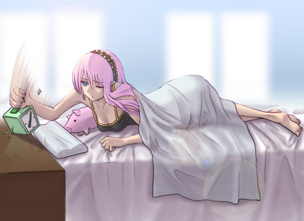 barefoot, bed, blue_eyes, clock, hadairo_rainbow, lens_flare, long_hair, megurine_luka
