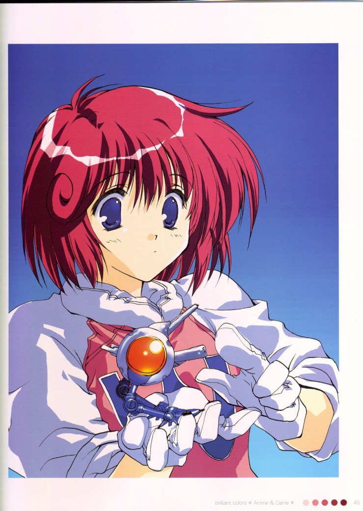 1girl, 90s, blue_eyes, gloves, mitsumi_misato, pastel_(twinbee), redhead, sleeves_rolled_up
