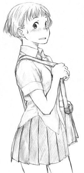 1girl, mokyu_tasuku, mokyusuke, monochrome, original, school_uniform, serafuku, short_hair, sketch, solo