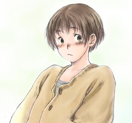1girl, ass, blush, brown_hair, collarbone, eyebrows, eyebrows_visible_through_hair, looking_at_viewer