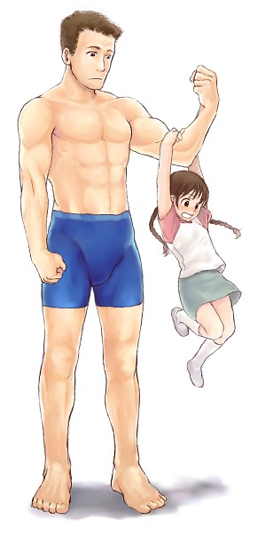1boy, 1girl, braid, child, hanging, mokyu_tasuku, mokyusuke, muscle