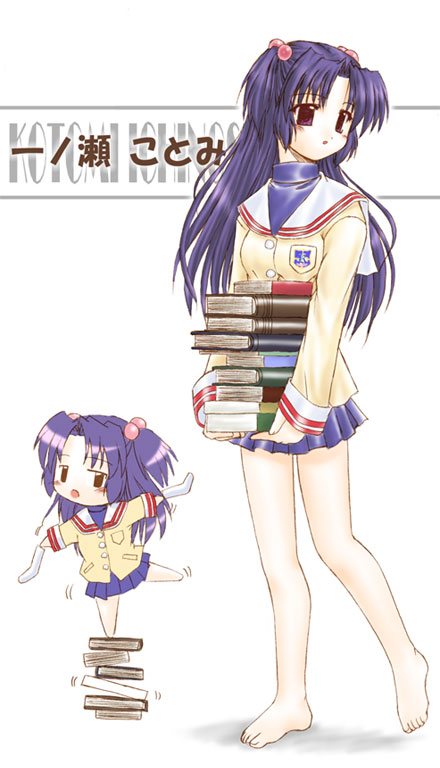 1girl, barefoot, book, character_name, chibi, clannad, hair_bobbles, hair_ornament