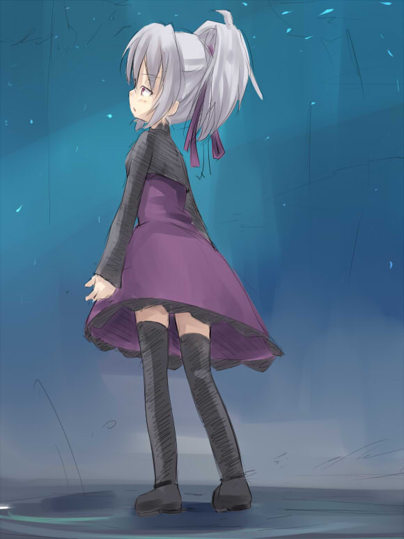 1girl, black_legwear, blue_background, blush, darker_than_black, dress, from_side, half-closed_eyes
