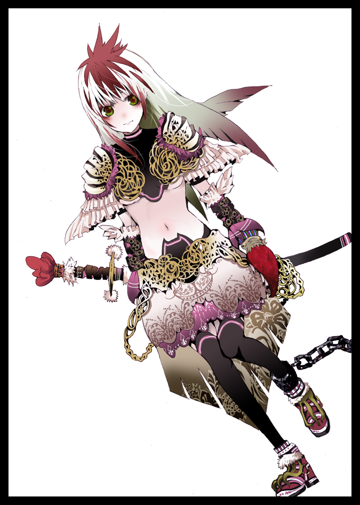 1girl, bad_id, breasts, chains, fashion, green_eyes, midriff, navel