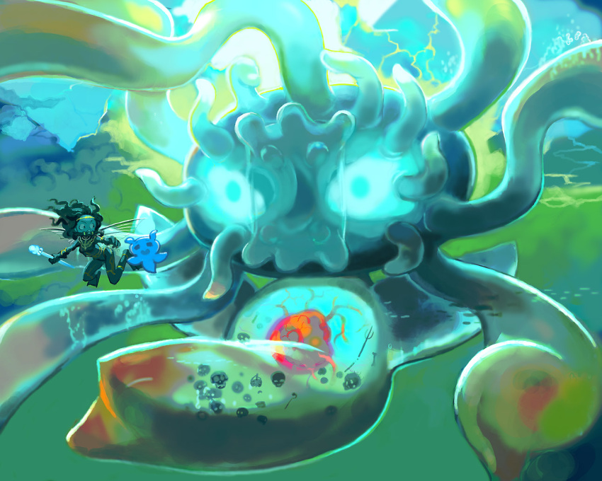 1girl, diving_mask, flippers, heart, kawaguchi_youhei, monster, pixiv, pixiv_fantasia, pixiv_fantasia_1, polearm, scuba, skull, spear, squid, tentacle, trident, underwater, weapon, wetsuit, wings