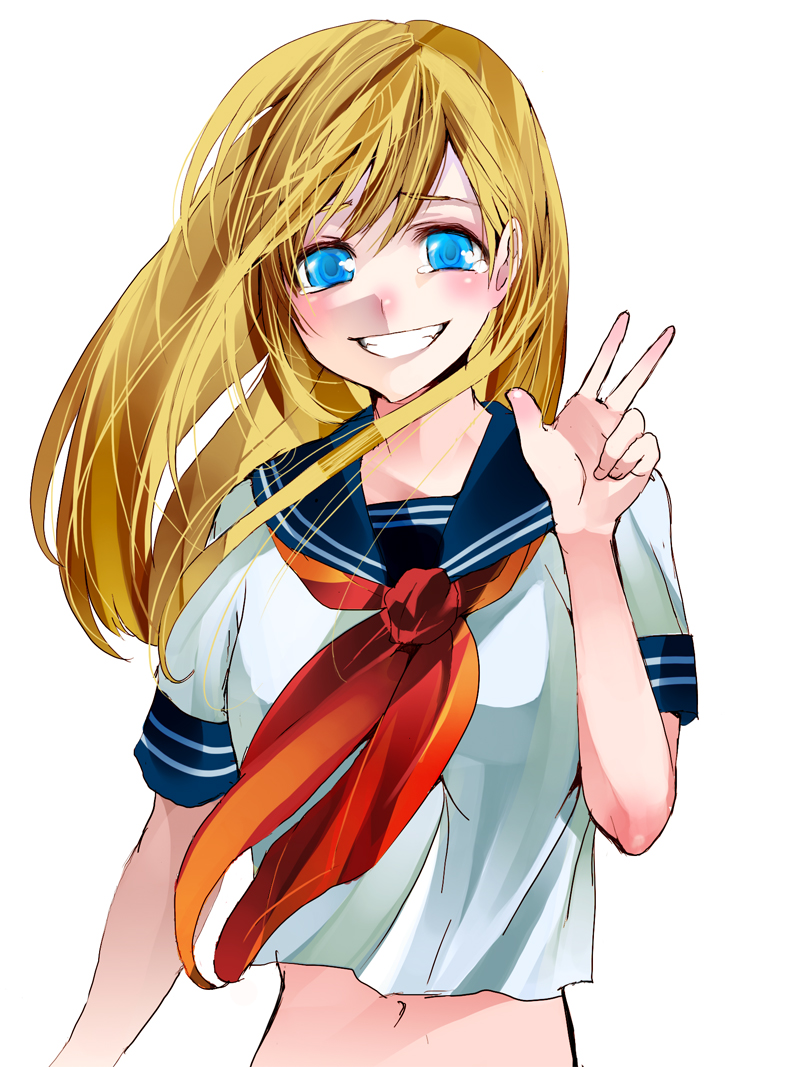 bad_id, blonde_hair, blue_eyes, blush, midriff, navel, original, palmeros