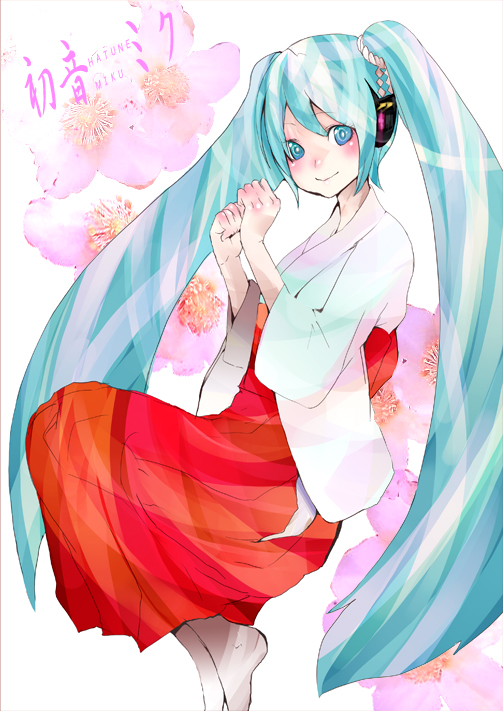 1girl, aqua_hair, bad_id, cherry_blossoms, flower, hakama, hatsune_miku, japanese_clothes