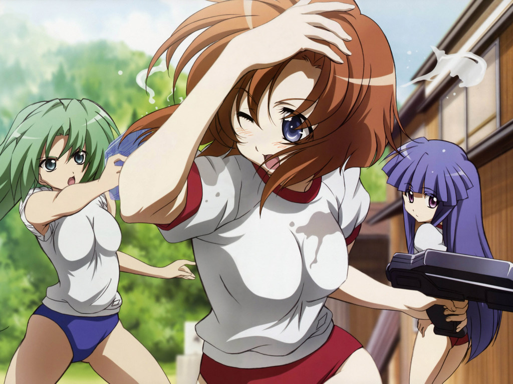 3girls, buruma, furude_rika, gym_uniform, higurashi_no_naku_koro_ni, kawano_maki, multiple_girls, ryuuguu_rena