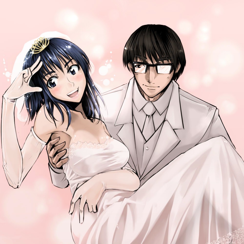 00s, 1boy, 1girl, bangs, bare_shoulders, black_hair, blue_eyes, blue_hair