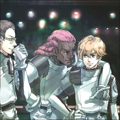 3boys, arm_around_shoulder, belt, blonde_hair, blurry, brown_hair, cup, dark_skin, dark_skinned_male, daryl_dodge, drinking, glasses, gloves, graham_aker, green_eyes, gundam, gundam_00, hairlocs, hand_on_hip, holding, holding_cup, howard_mason, leaning_forward, long_hair, looking_at_another, lowres, male_focus, multiple_boys, profile, smile, uniform, upper_body, white_gloves