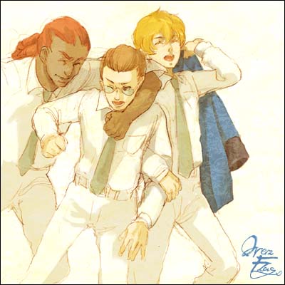3boys, :d, ;o, ^_^, ^o^, belt, blonde_hair, brown_hair
