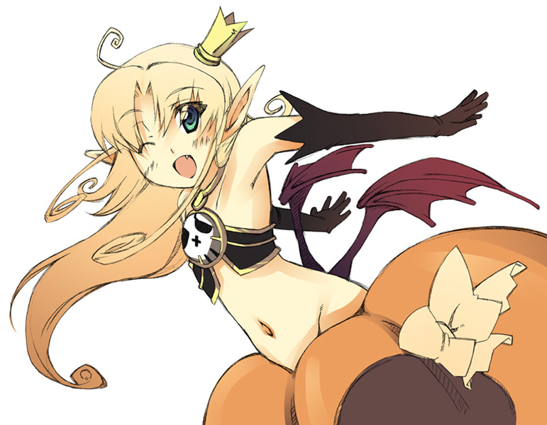 armpits, bat_wings, blonde_hair, crown, demon_girl, elbow_gloves, fang, flat_chest