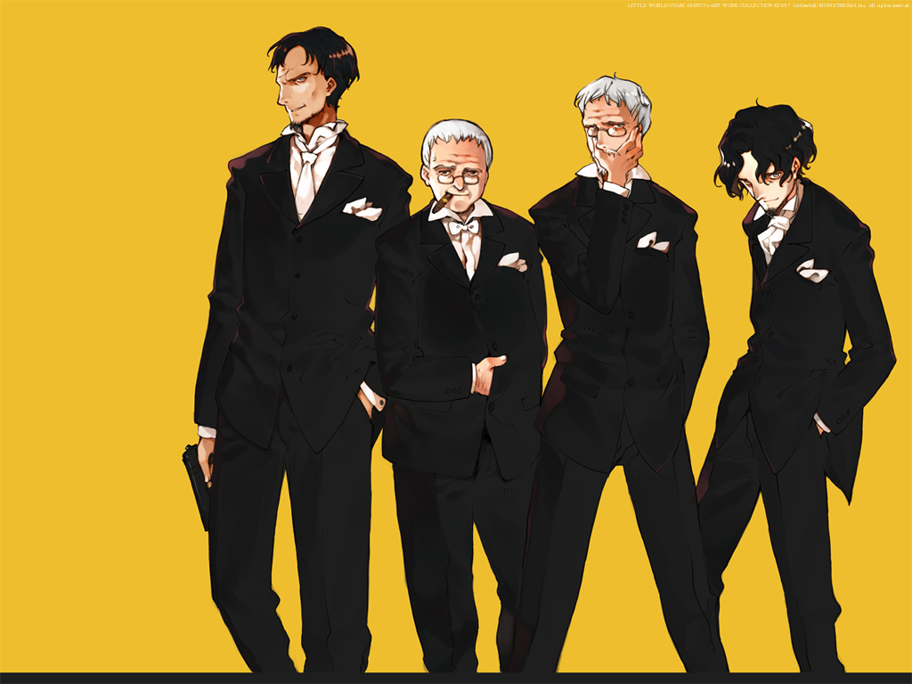 4boys, assassins, black_suit, bowtie, brown_hair, cigar, collared_shirt, copyright_request