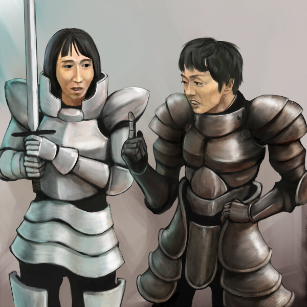 2boys, armor, gradient, gradient_background, male_focus, multiple_boys, pixiv_fantasia, pixiv_fantasia_1