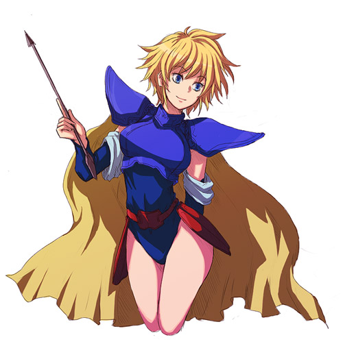 1girl, armor, arrow, blonde_hair, blue_eyes, cape, cropped_legs, detached_sleeves, faye, final_fantasy, final_fantasy_mystic_quest, kara_(color), short_hair, shoulder_pads, solo