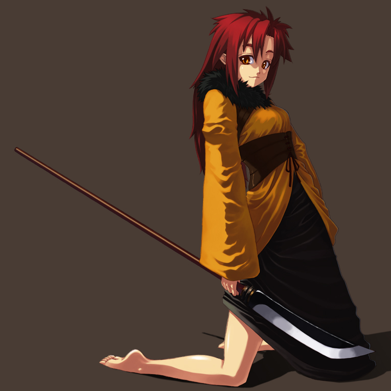 barefoot, kneeling, long_hair, niwa_zen, original, polearm, redhead, weapon