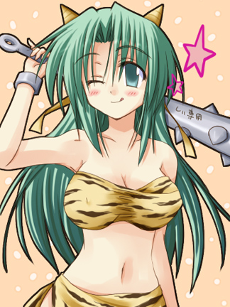 1girl, bikini, breasts, club, green_eyes, green_hair, higurashi_no_naku_koro_ni, horns