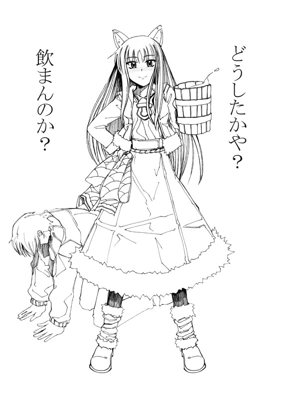 1boy, 1girl, alcohol, animal_ears, blush, craft_lawrence, hand_on_hip, holo