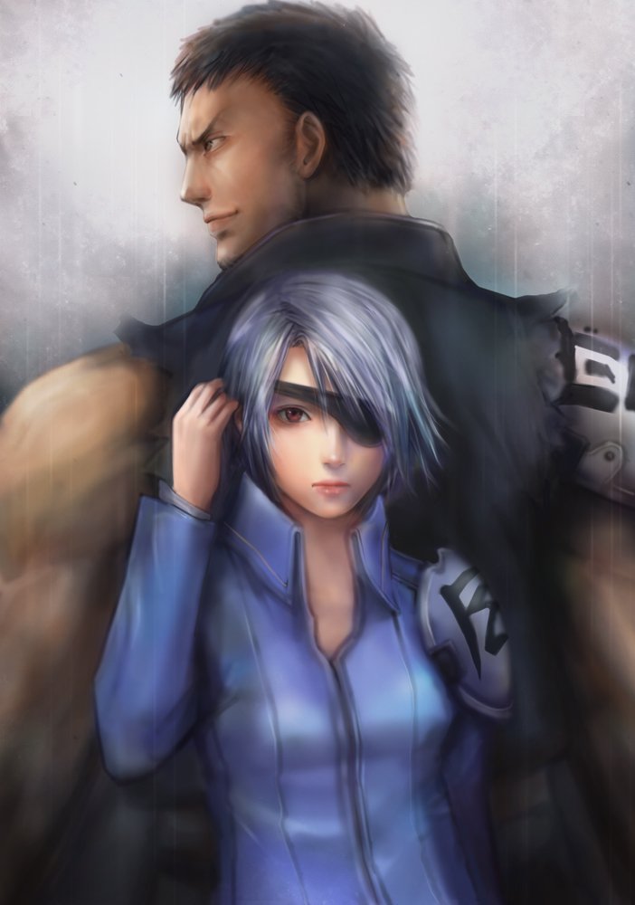 1boy, 1girl, bad_id, black_hair, eyepatch, final_fantasy, final_fantasy_viii, fuujin_(ff8), jacket, miche, raijin_(ff8), realistic, red_eyes, short_hair, shoulder_pads, siblings, smile, torn_clothes, white_hair