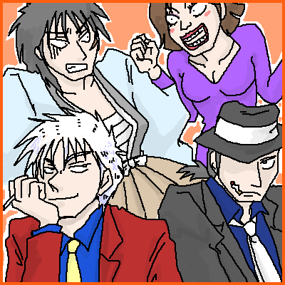 1girl, 3boys, akagi, akagi_shigeru, arsene_lupin_iii, arsene_lupin_iii_(cosplay), cosplay, crossover