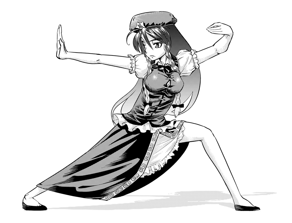 1girl, ahoge, bow, braid, breasts, female, fighting_stance, frown, full_body, hair_bow, hat, hong_meiling, immaterial_and_missing_power, large_breasts, long_hair, monochrome, neck_ribbon, puffy_short_sleeves, puffy_sleeves, ribbon, shoes, short_sleeves, solo, star, touhou, twin_braids, white_background, wing_collar, yamazaki_mitsuru