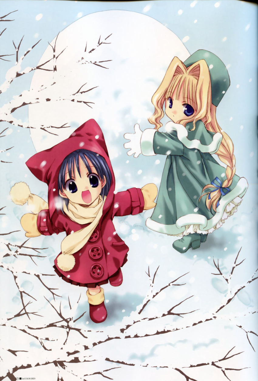 absurdres, artbook, bow, braid, buttons, earflap_hat, frills, gloves, hair_bow, hat, highres, jacket, kishou_seireiki, mittens, nanase_aoi, red_jacket, red_shoes, scarf, seven_colors_of_the_wind, shoes, snow, snowflakes, tree, winter_clothes