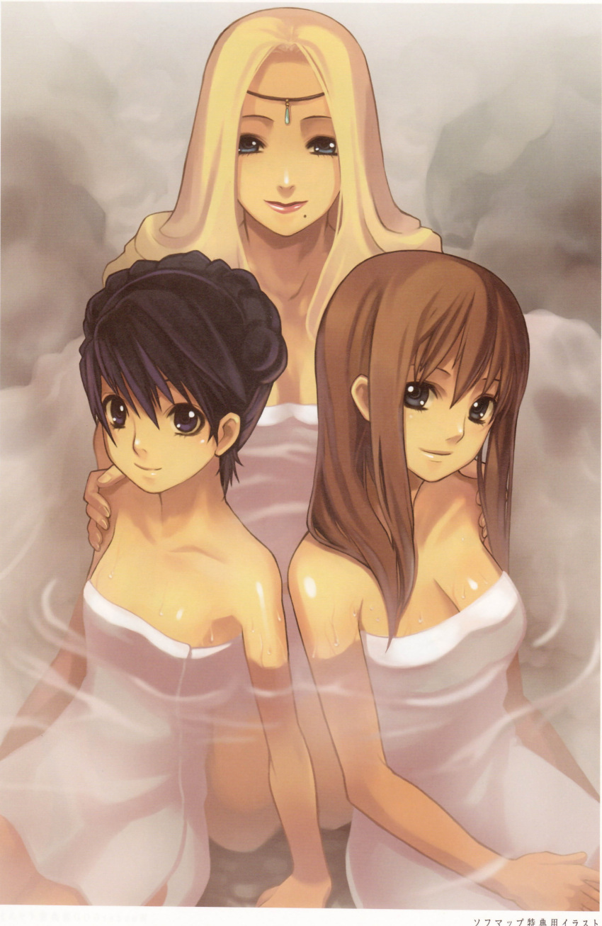3girls, absurdres, age_difference, alternate_hairstyle, ar_tonelico, ar_tonelico_i, arm_support, armpits
