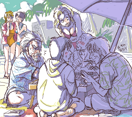 3girls, 4boys, akagi, akagi_shigeru, bald, beach, beard, bikini