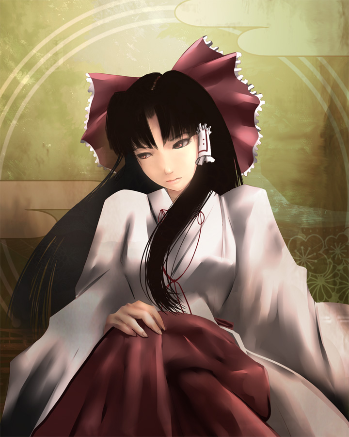 1girl, aojiru_(shiro_to_kuro_no_mukyou), aoziru, black_hair, egasumi, female, hair_tubes, hakama, hakurei_reimu, hakurei_reimu_(pc-98), japanese_clothes, kimono, long_hair, miko, realistic, red_eyes, red_hakama, sitting, solo, touhou, touhou_(pc-98)