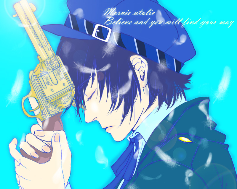 blue_hair, bow, cabbie_hat, closed_eyes, detective, feathers, gun, handgun