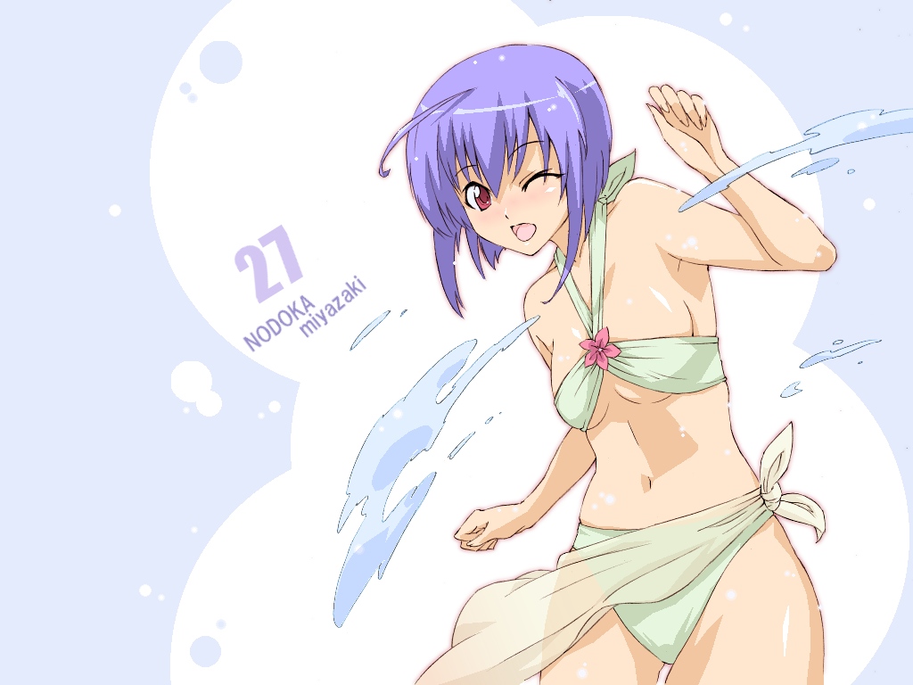 bikini, haruka_shiya, mahou_sensei_negima!, midriff, miyazaki_nodoka, purple_hair, red_eyes, swimsuit