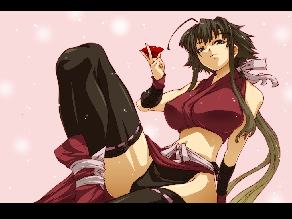 1girl, alcohol, bare_shoulders, black_legwear, breasts, exposed_shoulders, green_hair, grey_eyes, haruka_shiya, large_breasts, long_hair, mahou_sensei_negima!, midriff, nagase_kaede, navel, ninja, panties, ponytail, sakazuki, sake, sidelocks, sitting, snow, solo, thigh-highs, underwear, wallpaper