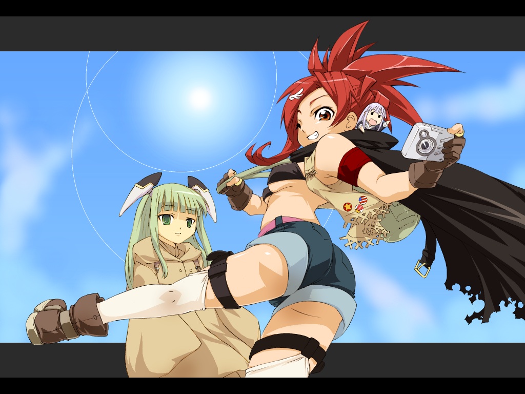 3girls, aisaka_sayo, asakura_kazumi, boots, breasts, camera, cape, chibi