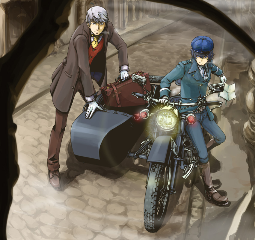 1girl, androgynous, blue_eyes, blue_hair, boots, cabbie_hat, coat, crossdressinging