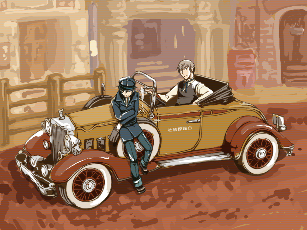 blazer, blue_hair, cabbie_hat, car, detective, grey_hair, haruyama_(pixiv169154), hat