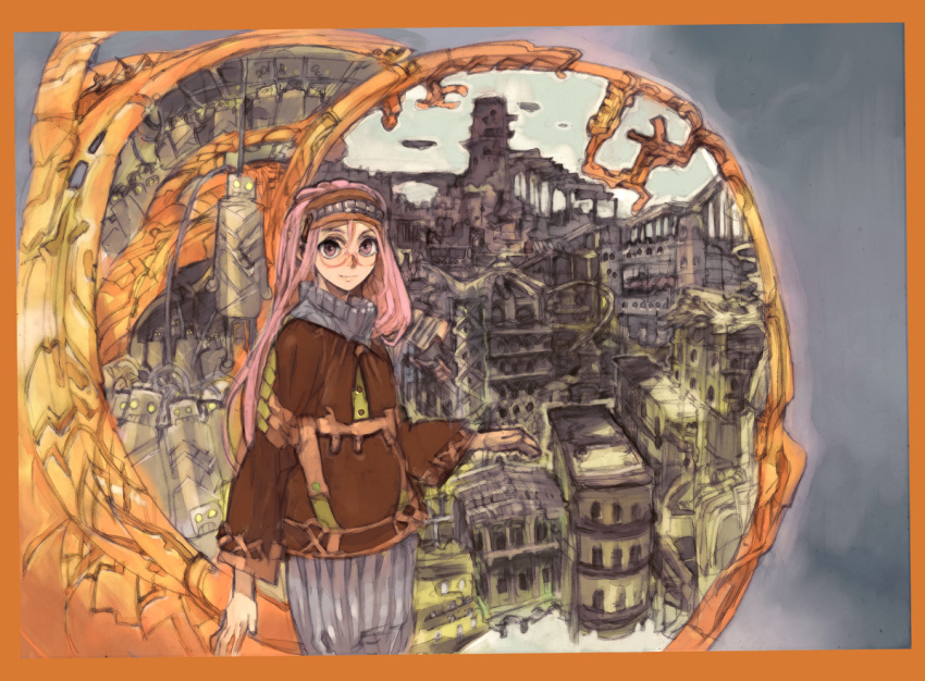 1girl, bangs, border, c73, city, cityscape, cover, cover_page, doujinshi, flat_chest, glasses, hairband, humi, jacket, long_hair, looking_at_viewer, original, outdoors, pink_eyes, pink_hair, red-framed_eyewear, red-framed_glasses, robot, sketch, sky, smile, solo, standing, toi8, turtleneck, windowboxed, yellow_eyes