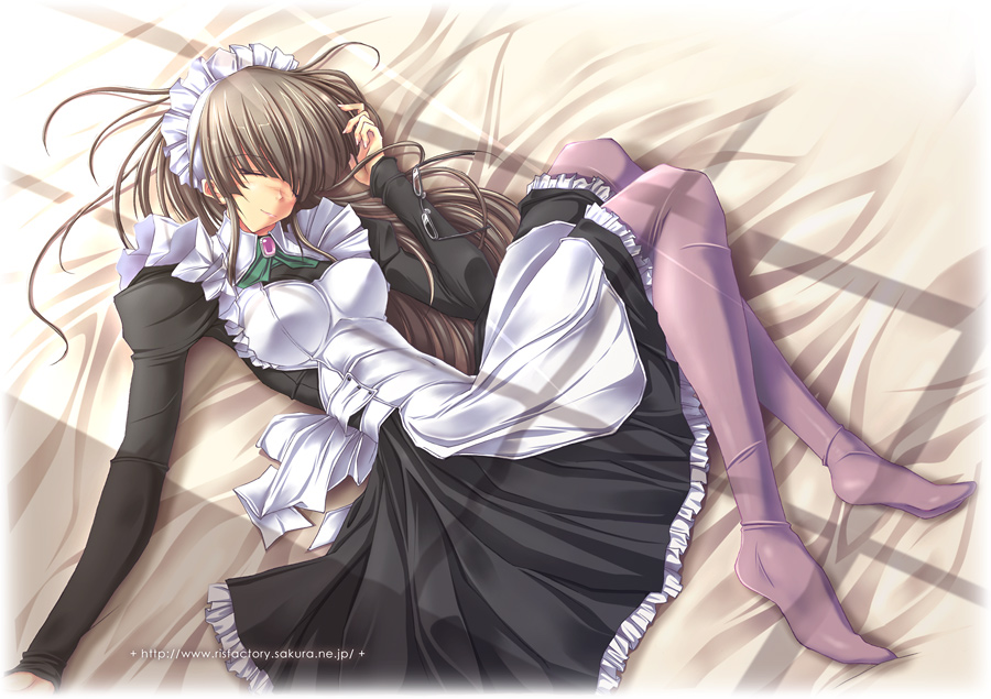 brown_hair, closed_eyes, glasses, long_hair, lying, maid, original, pantyhose