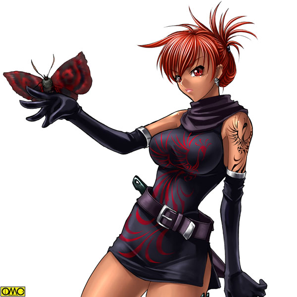 1girl, bangs, belt, belt_buckle, black_gloves, breasts, butterfly, butterfly_on_hand, closed_mouth, cowboy_shot, dark_skin, dress, earrings, elbow_gloves, feet_out_of_frame, female, gloves, hei_feng, jewelry, kagami_hirotaka, large_breasts, omc, red_eyes, red_hair, redhead, scarf, short_dress, short_hair, side_slit, simple_background, sleeveless, sleeveless_dress, solo, tan, tattoo, tokyo_kaidan, white_background