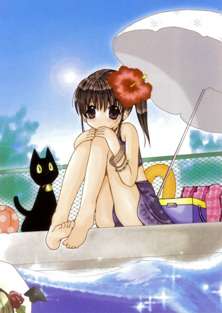 2girls, ball, barefoot, beachball, bell, bell_collar, black_cat, bracelet