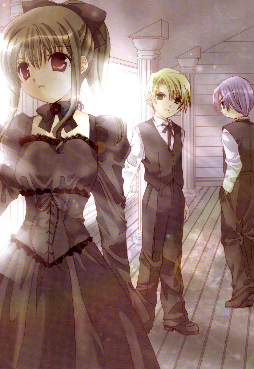 1girl, 2boys, ayanokoji_takashi, black_bow, black_bowtie, black_ribbon, blonde_hair, blue_hair