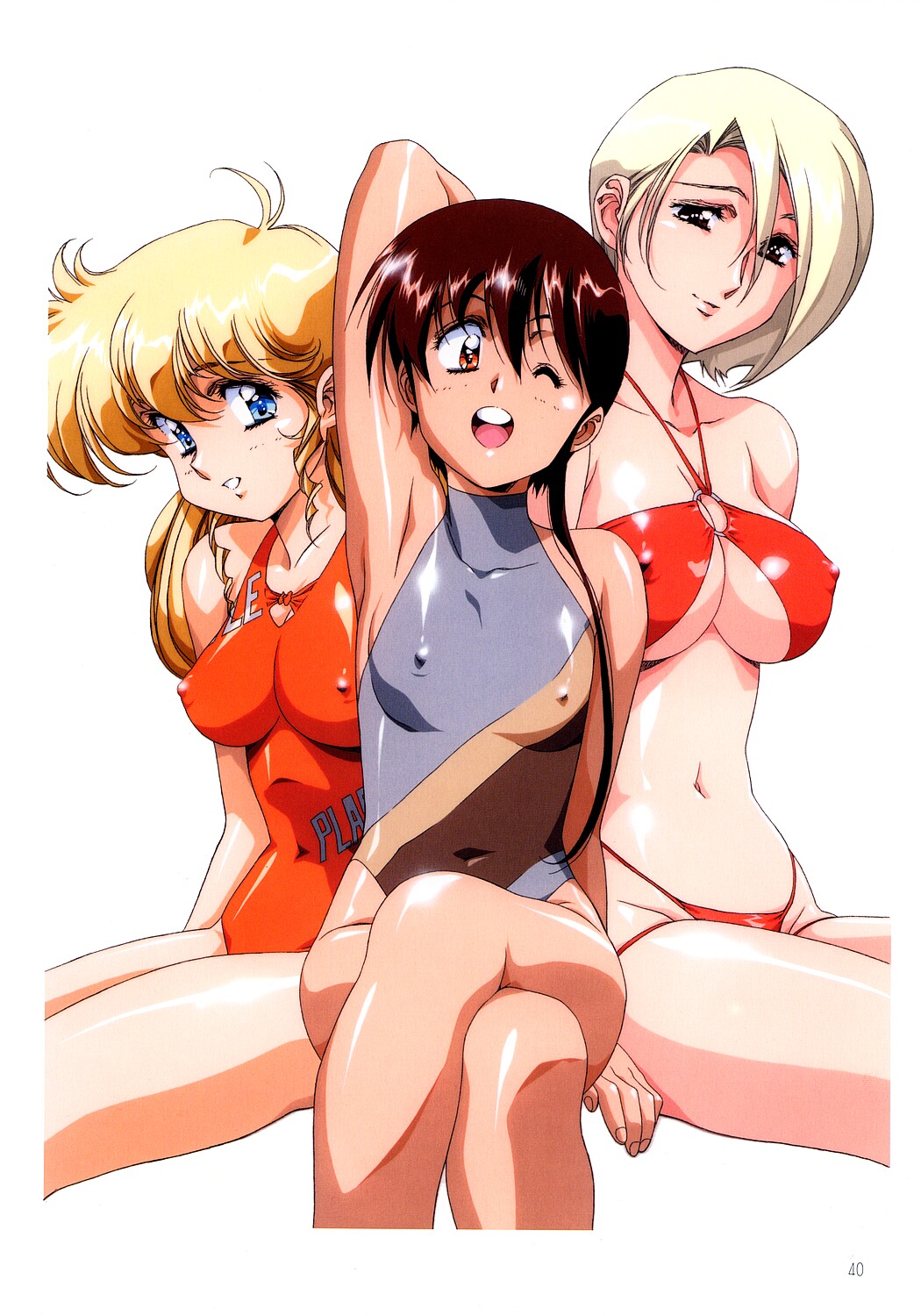 3girls, 90s, arm_up, armpits, bikini, black_eyes, black_hair, blonde_hair