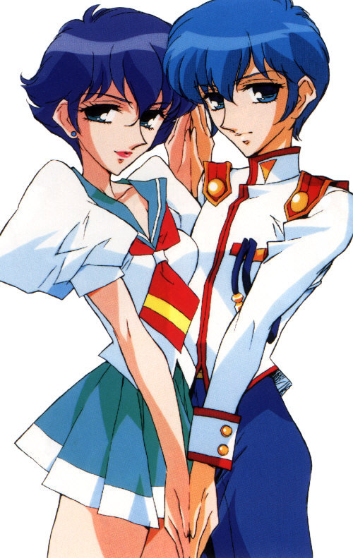 1boy, 1girl, 90s, aiguillette, blue_eyes, blue_hair, brother_and_sister, earrings