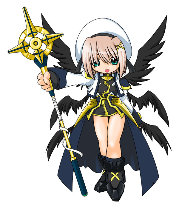 1girl, :d, bad_anatomy, beret, black_wings, hair_ornament, hat, holding, holding_staff, holding_weapon, kei_(fortune), looking_at_viewer, lyrical_nanoha, mahou_shoujo_lyrical_nanoha, mahou_shoujo_lyrical_nanoha_a's, multiple_wings, open_mouth, polearm, poorly_drawn, schwertkreuz, simple_background, smile, solo, staff, standing, thigh_gap, unison, wand, weapon, white_background, wings, x_hair_ornament, yagami_hayate