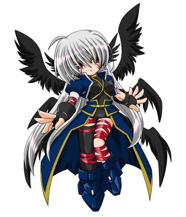 1girl, arm_belt, asymmetrical_clothes, asymmetrical_legwear, black_wings, chibi, facial_mark, fingerless_gloves, gloves, head_wings, jacket, kei_(fortune), leg_belt, long_hair, lyrical_nanoha, magical_girl, mahou_shoujo_lyrical_nanoha, mahou_shoujo_lyrical_nanoha_a's, multiple_wings, open_clothes, open_jacket, red_eyes, reinforce, silver_hair, single_thighhigh, solo, thigh-highs, waist_cape, winged_hair_ornament, wings