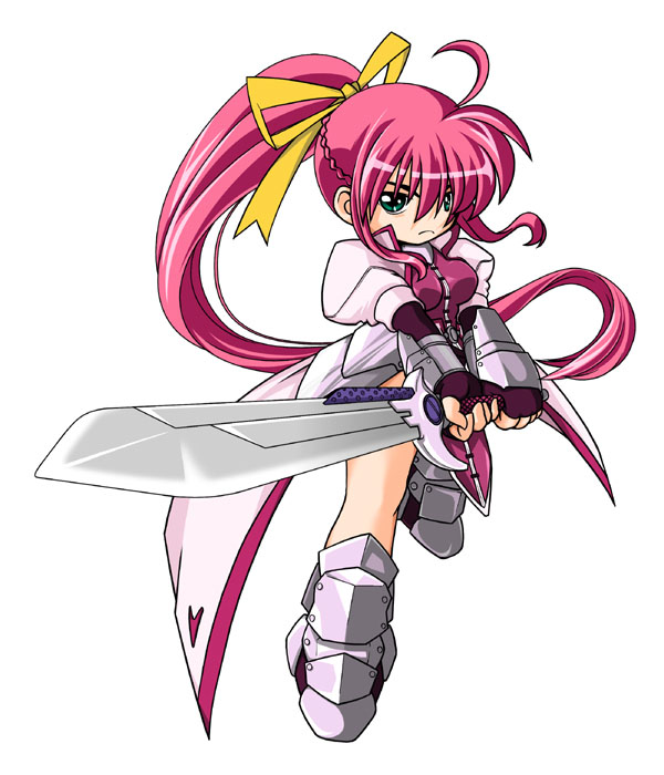 1girl, armor, armored_boots, boots, dress, green_eyes, hair_ribbon, holding